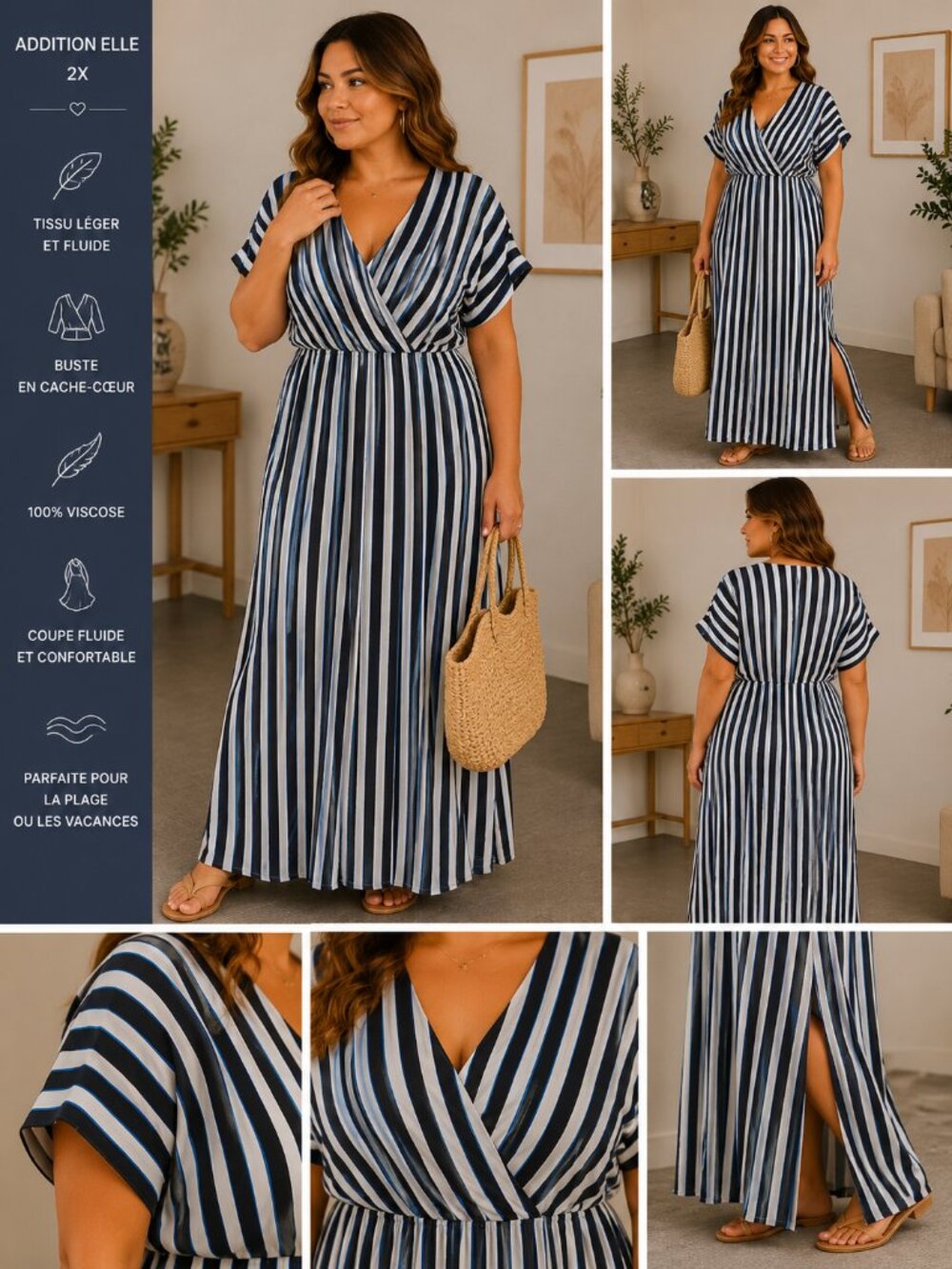 Addition Elle Striped Maxi Dress – Plus Size 2X – Blue & White Wrap Style Vacati